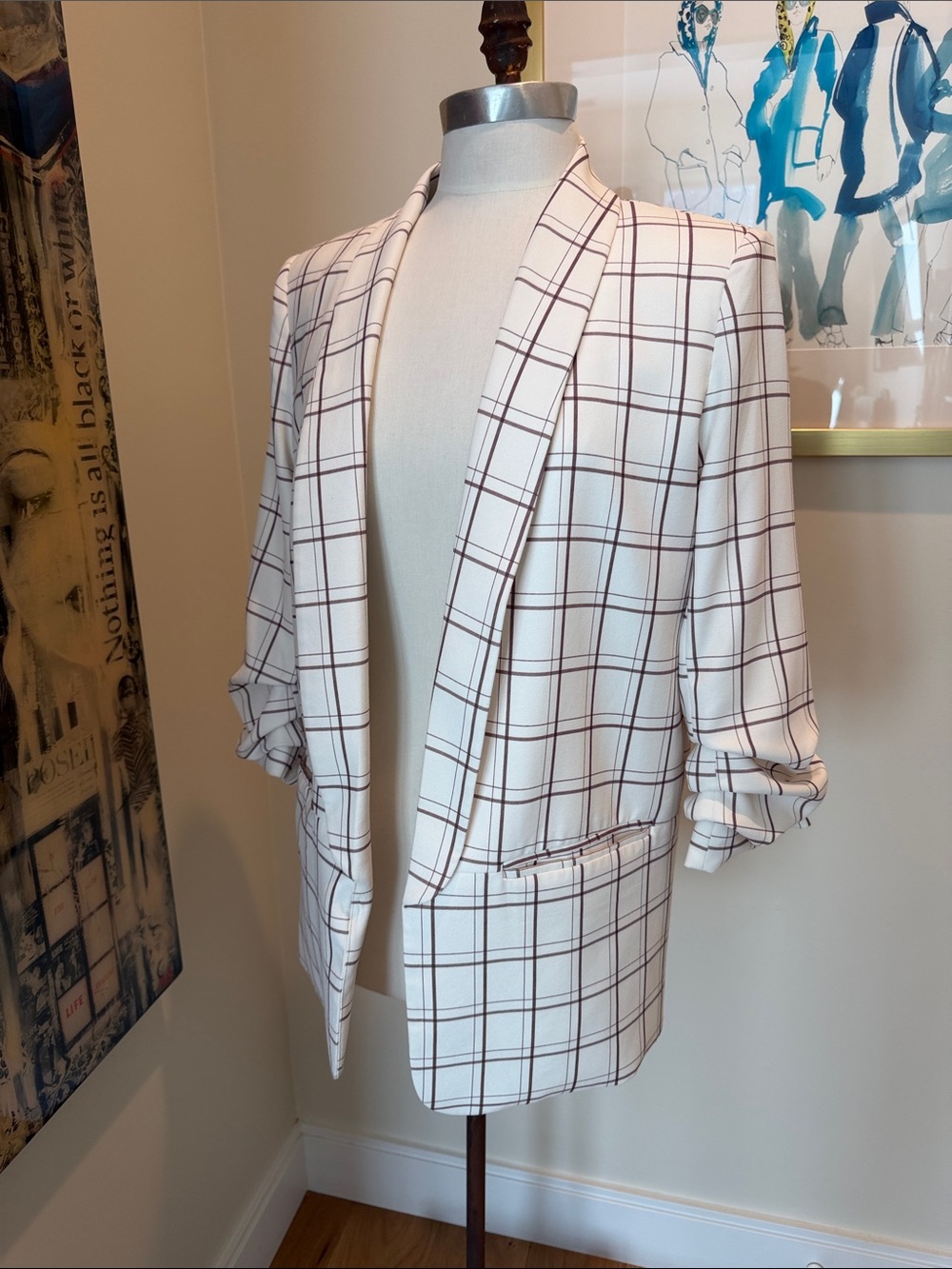 Mare Mare x Anthropologie Emily plaid Blazer Cream w/ Brown Windowpane Pattern